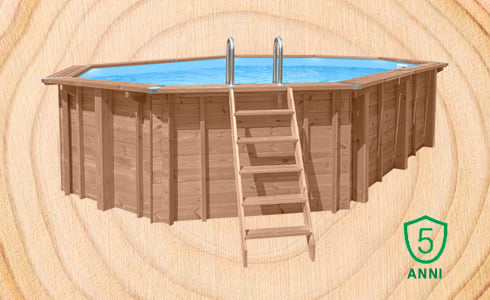 Piscina in legno fuori terra esagonale con Liner sabbia Jardin 434: qualità e Sistema a incastro facilitato per una lunga durata.