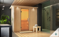 Sauna finlandese classica Variado coibentata con porta in vetro TRASPARENTE con cornice LED