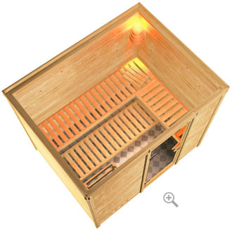 Sauna finlancese classica da casa in kit in legno massello di abete 40 mm Fiordaliso da interno - sezione vista dall'alto