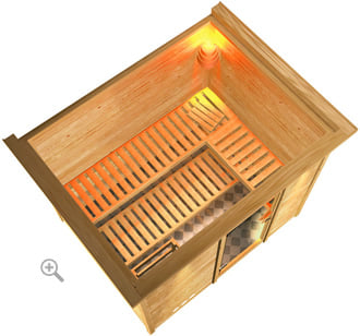 Sauna finlancese classica da casa in kit in legno massello di abete 40 mm Fiordaliso da interno con cornice LED sezione vista dall'alto