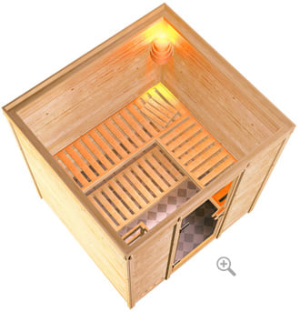 Sauna finlancese classica da casa in kit in legno massello di abete 40 mm Melissa da interno - sezione vista dall'alto
