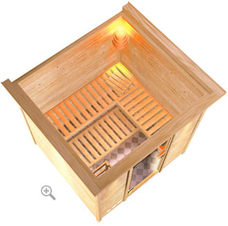 Sauna finlancese classica da casa in kit in legno massello di abete 40 mm Melissa da interno con cornice LED sezione vista dall'alto
