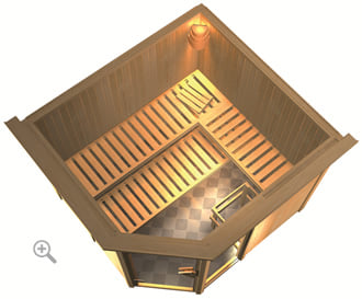 Sauna finlandese classica Fedora 3 coibentata con cornice LED sezione vista dall'alto